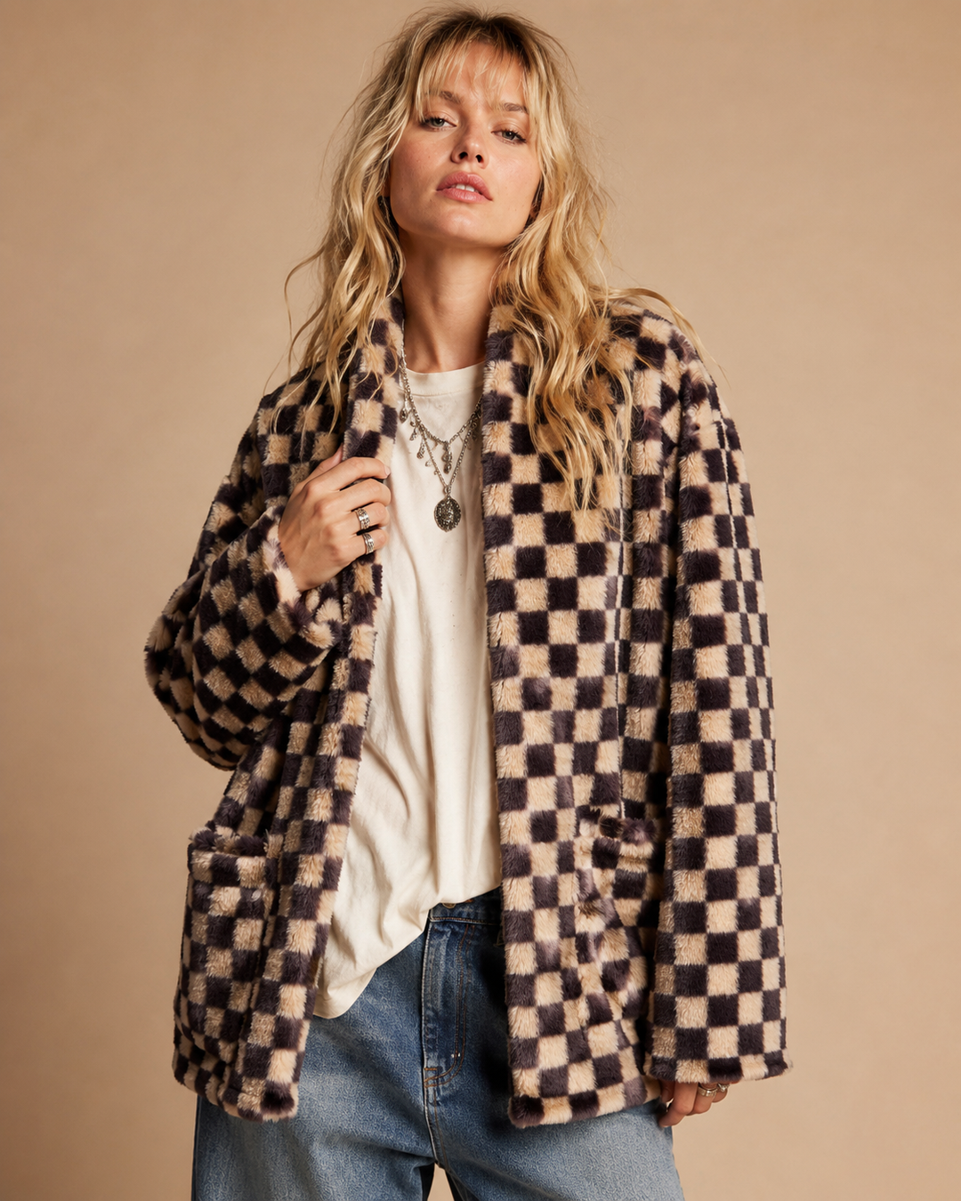 Checkmate Faux Fur Cardigan Jacket
