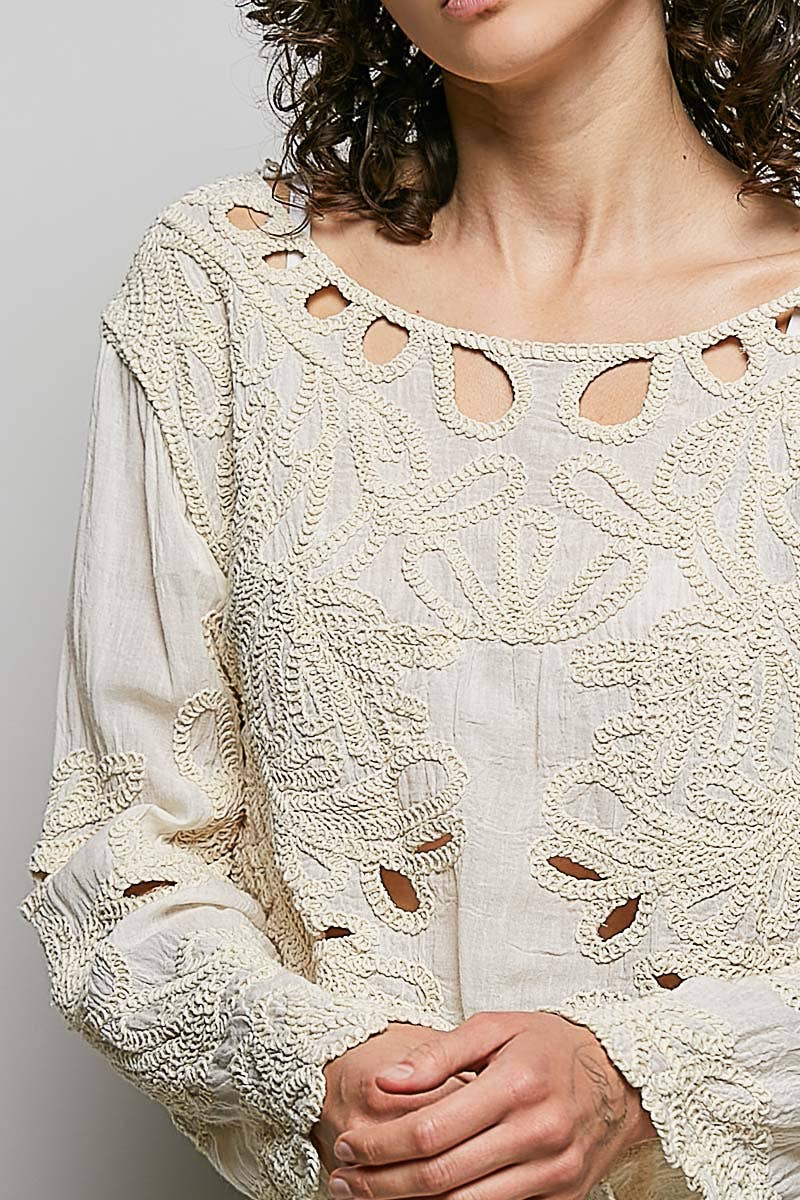 Cropped Long Sleeve Solid Crochet Top