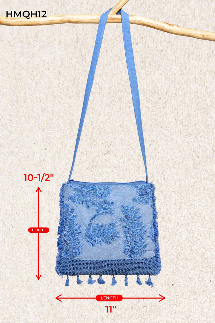 Handmade Embroidered Crossbody Denim Blue Bag: DENIM BLUE / Os