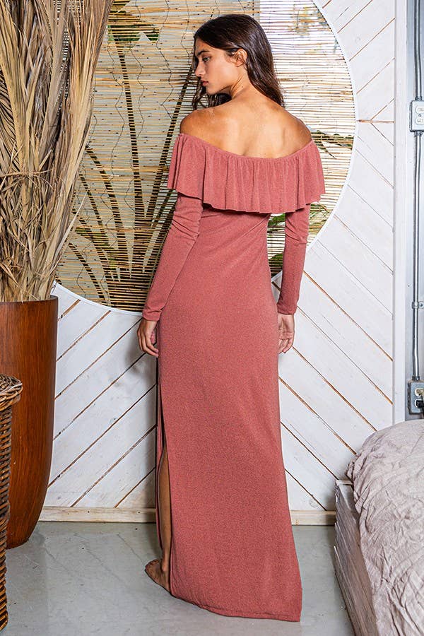 Off Shoulder Ruffle Fitted Solid Maxi Dress