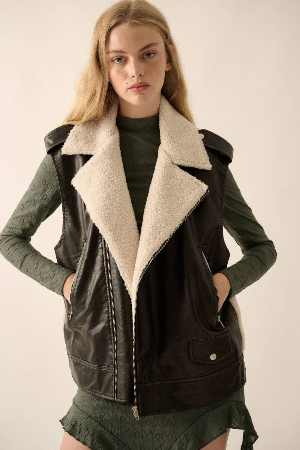 Vegan Leather &amp; Fleece Motorcycle Vest