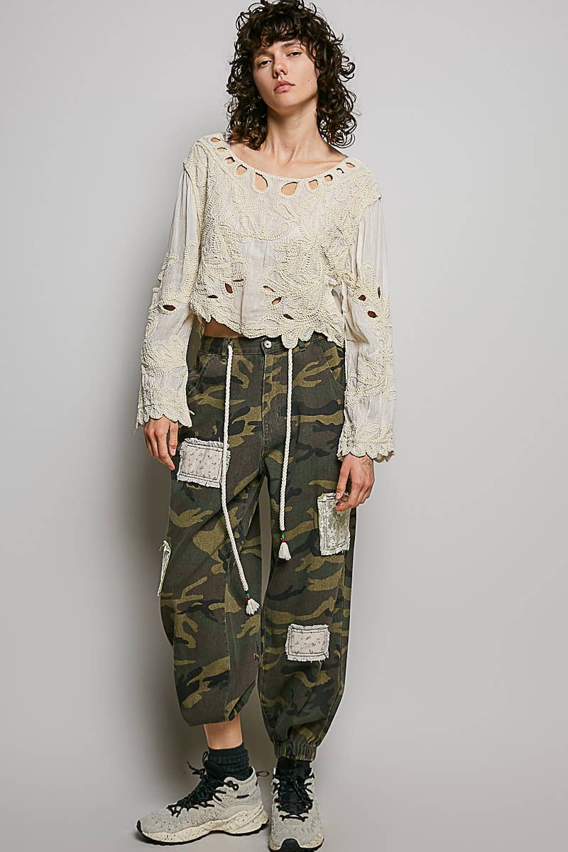 Cropped Long Sleeve Solid Crochet Top