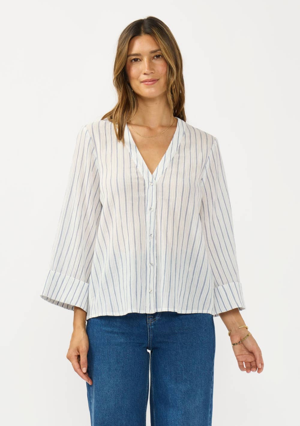 V-Neck Button Down Wide Sleeve Blouse
