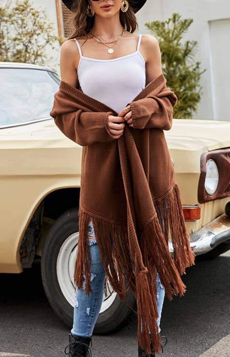 Fringe Hem Cardigan: Brown