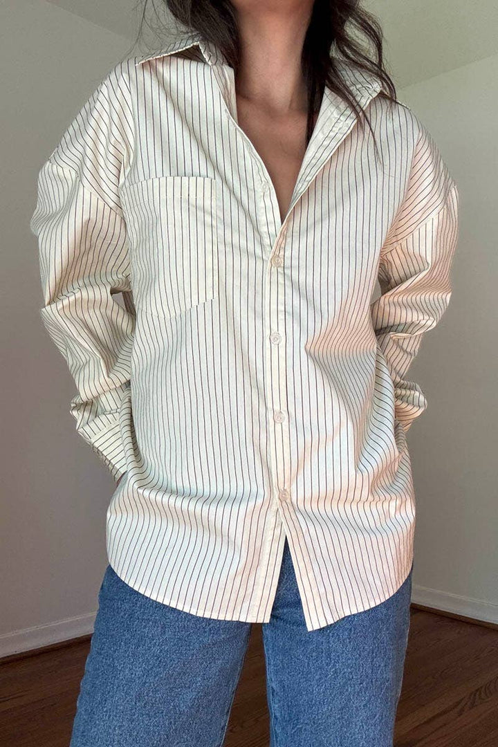 OVERSIZED PIN STRIPE BUTTON UP SHIRT