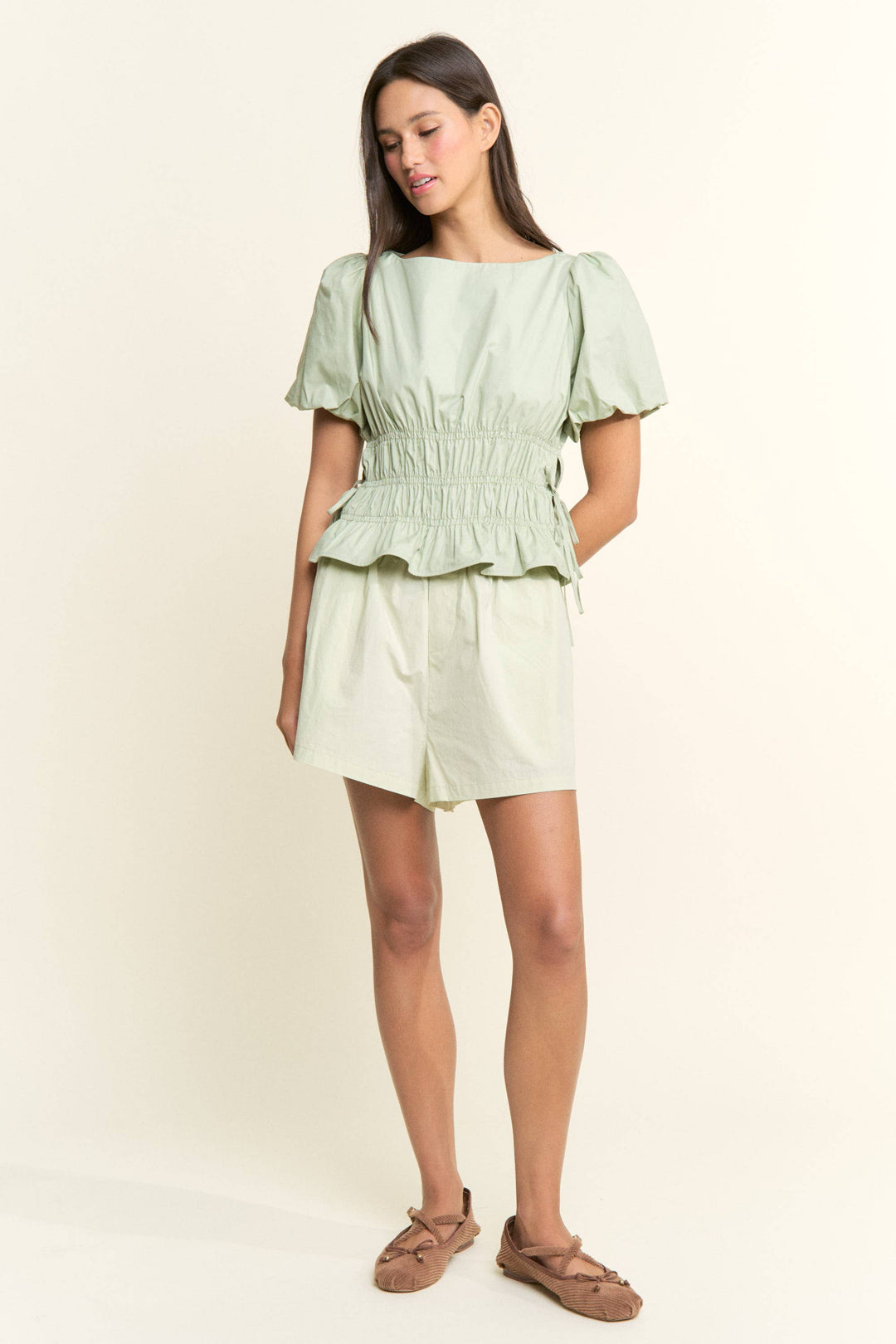 Boat Neckline Smocked Puff Sleeves Top: