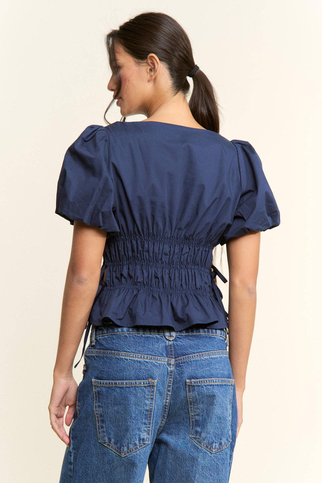Boat Neckline Smocked Puff Sleeves Top: