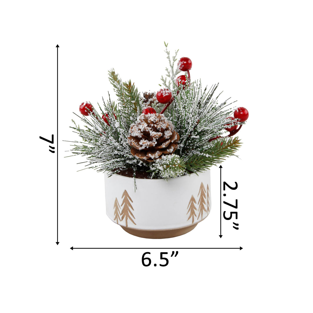 Snowy Pine & Berry Holiday Arrangement – 7”: White