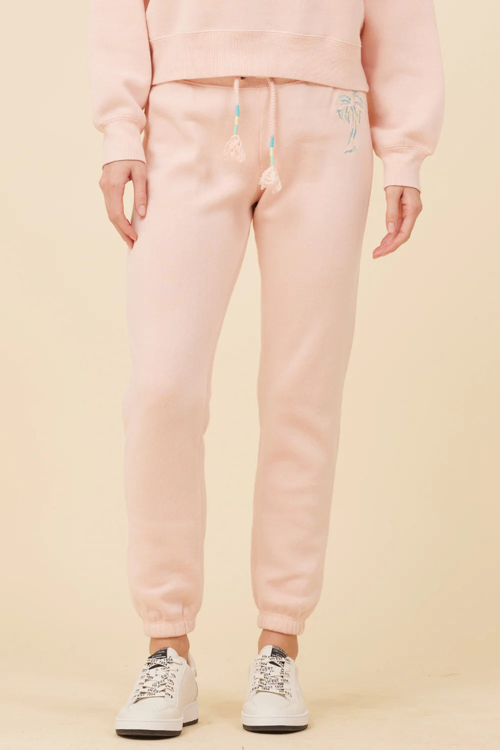 Pink Palm Tree Embroidered Joggers