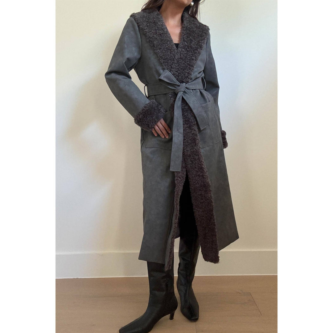 Faux Fur Trimmed Leather Coat