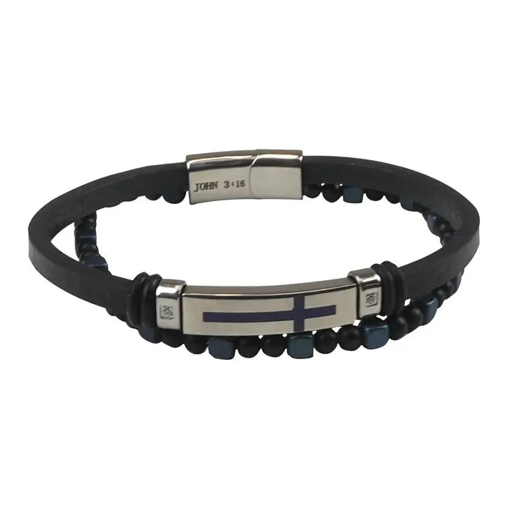 Stainless Steel Bracelet Cross Bead Leather
