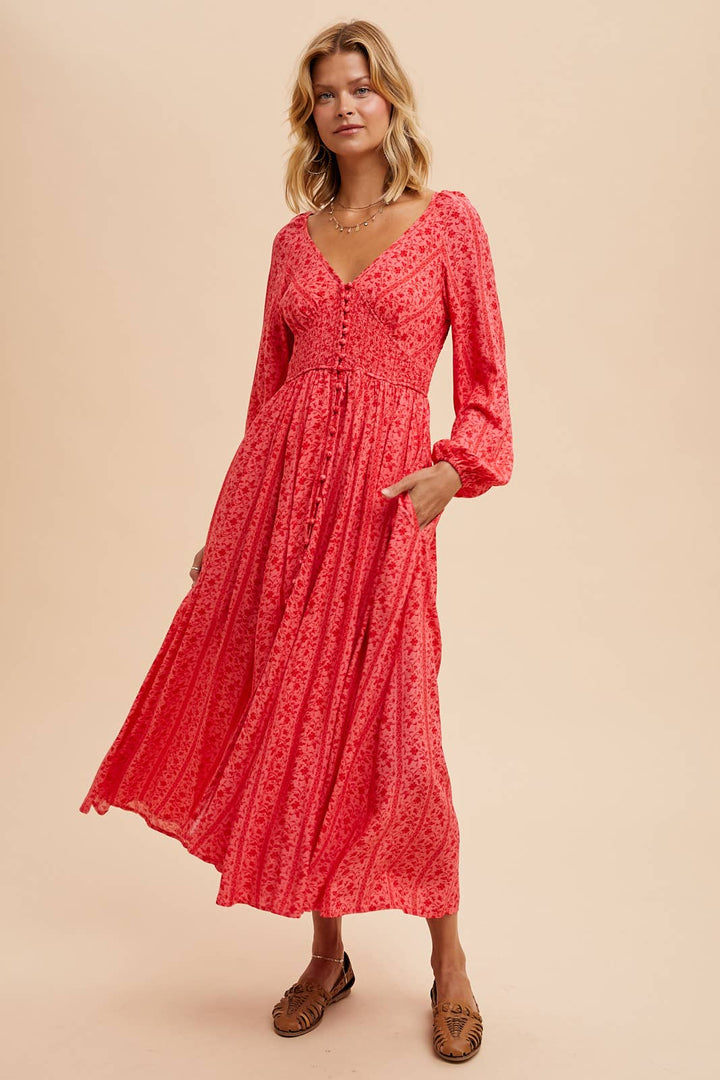 SMOCKED FLORAL MAXI DRESS