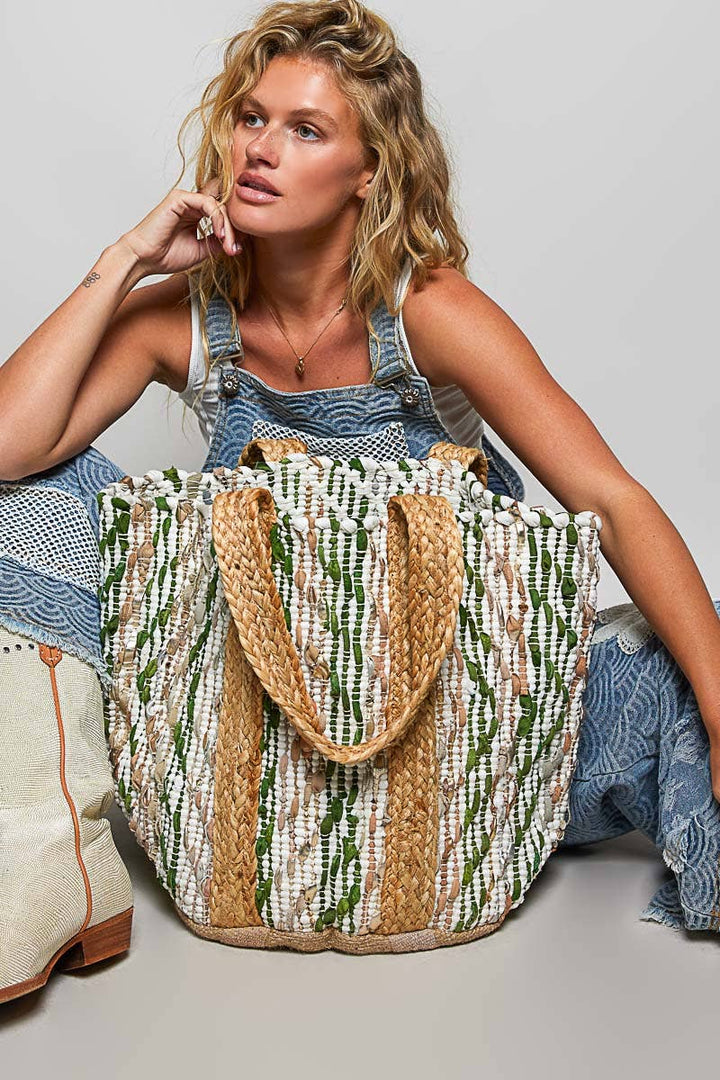 Botanical Green Stripe Woven Tote