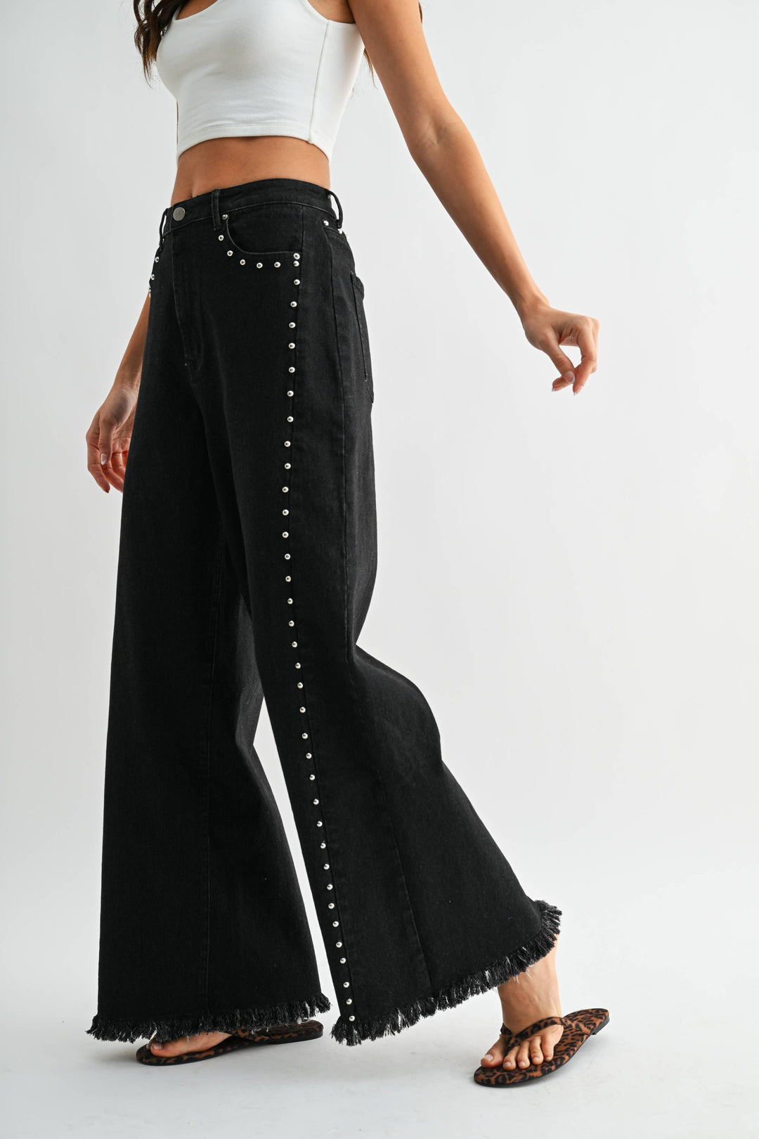 High-Waisted Black Wide-Leg Stud Jeans