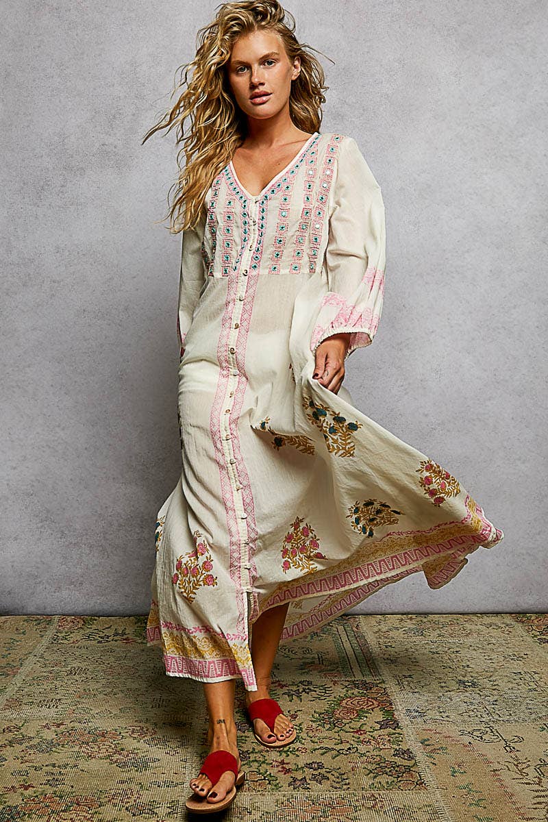 Embroidered Floral Print Maxi Dress