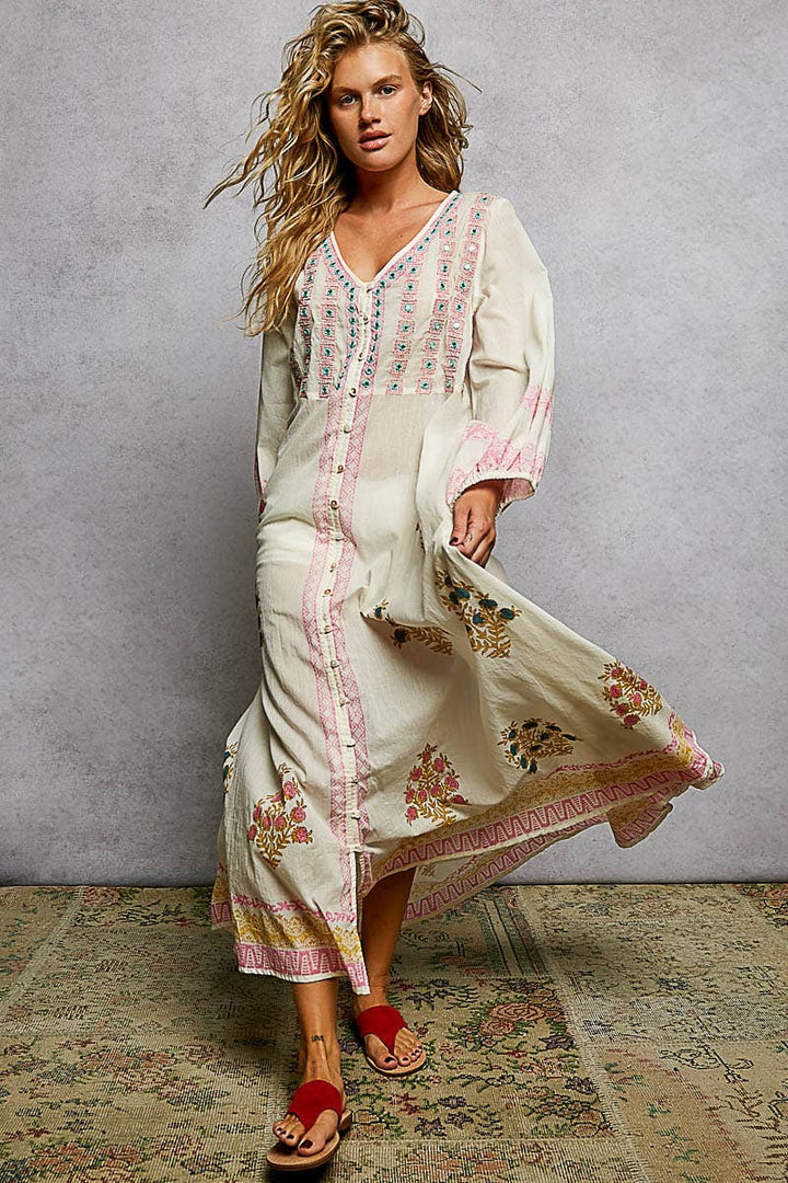 Embroidered Floral Print Maxi Dress