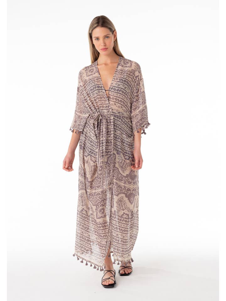 Sheer Tie Front Maxi Kimono