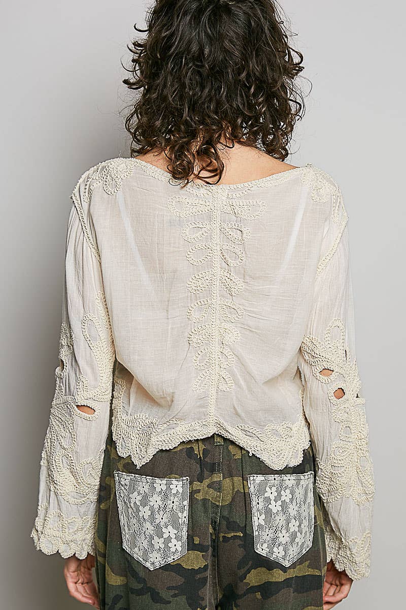 Cropped Long Sleeve Solid Crochet Top
