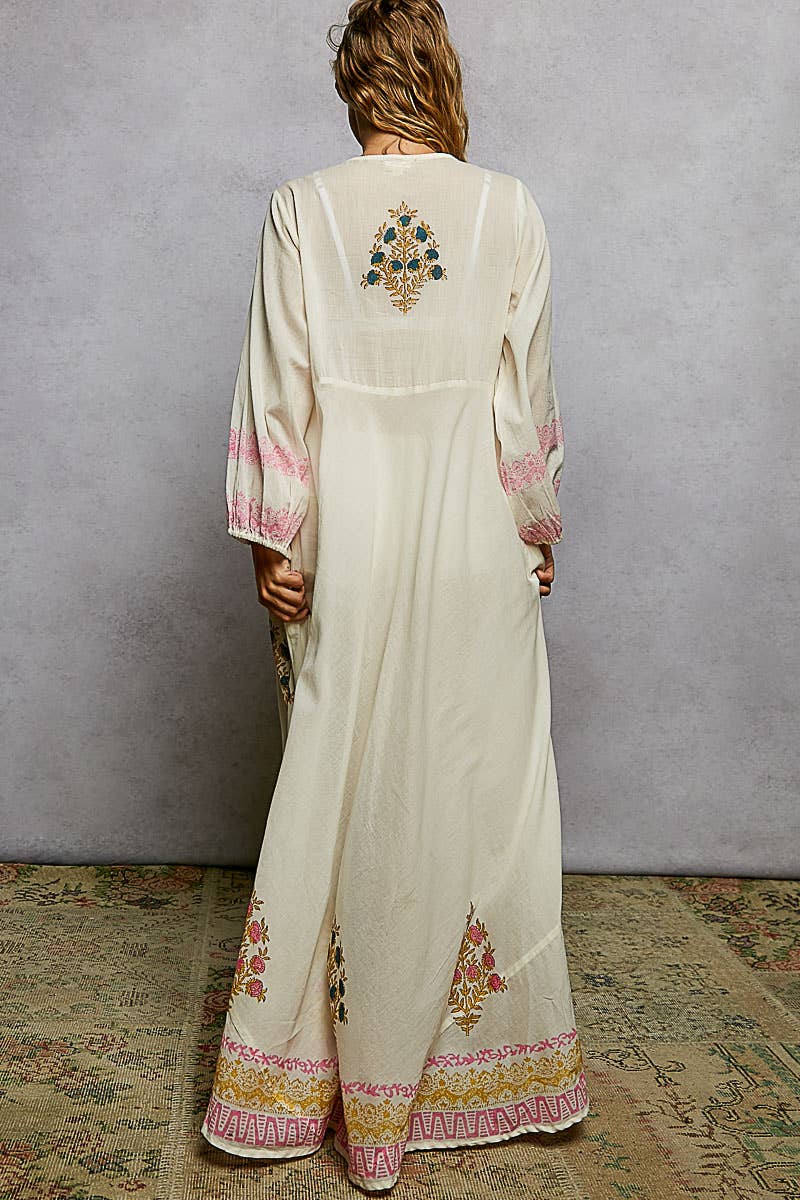 Embroidered Floral Print Maxi Dress