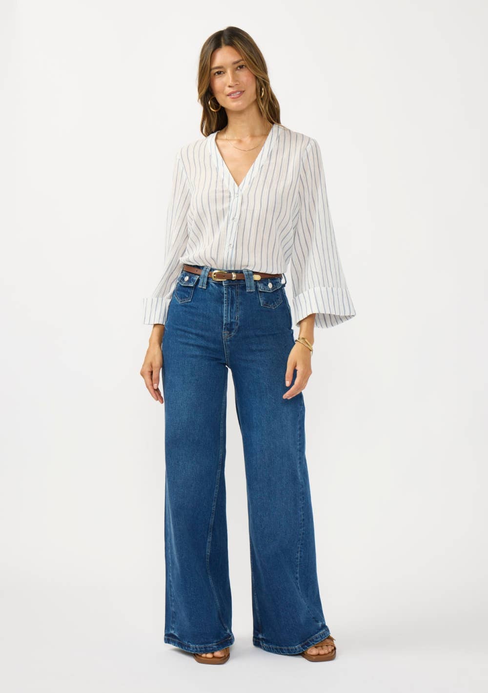 V-Neck Button Down Wide Sleeve Blouse