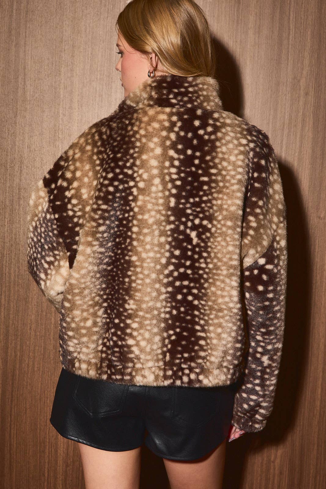 Faux Deer Print Zip Jacket