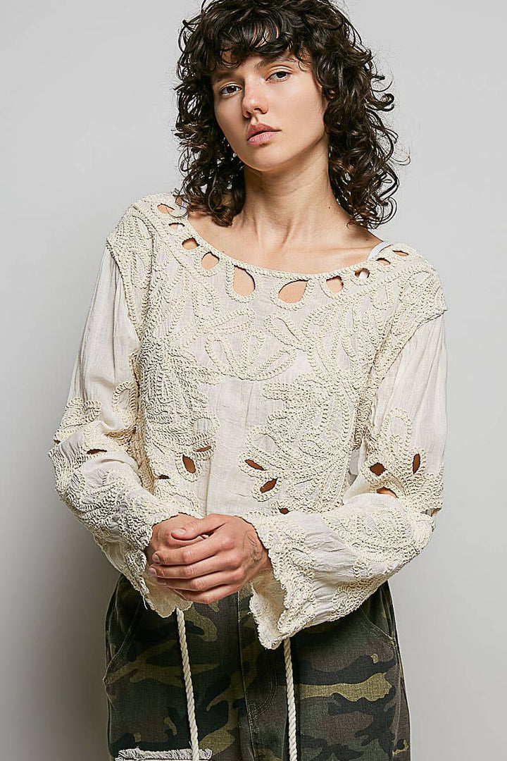 Cropped Long Sleeve Solid Crochet Top