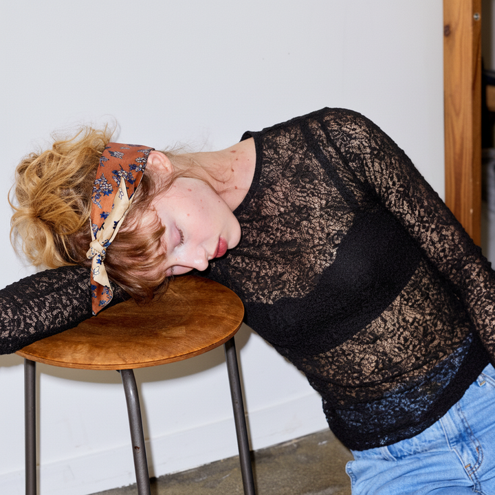 Crew neck See-through Lace Top