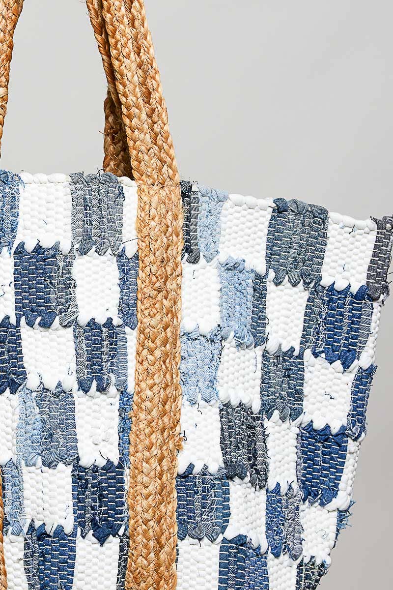 Ivory Denim Checker Woven Tote Bag