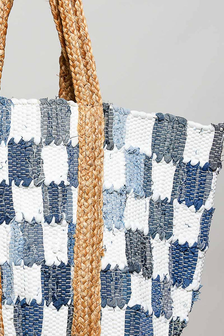 Ivory Denim Checker Woven Tote Bag