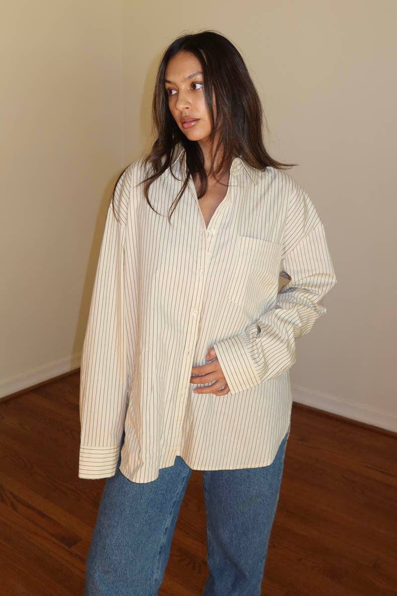 OVERSIZED PIN STRIPE BUTTON UP SHIRT