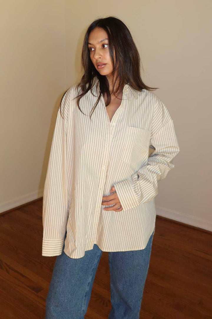 OVERSIZED PIN STRIPE BUTTON UP SHIRT
