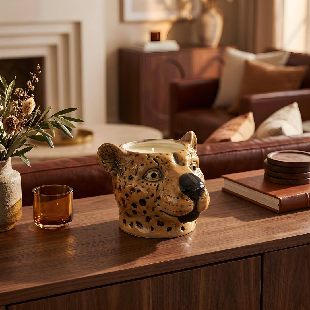 Leopard Head Ceramic Candle – Mahogany Teakwood