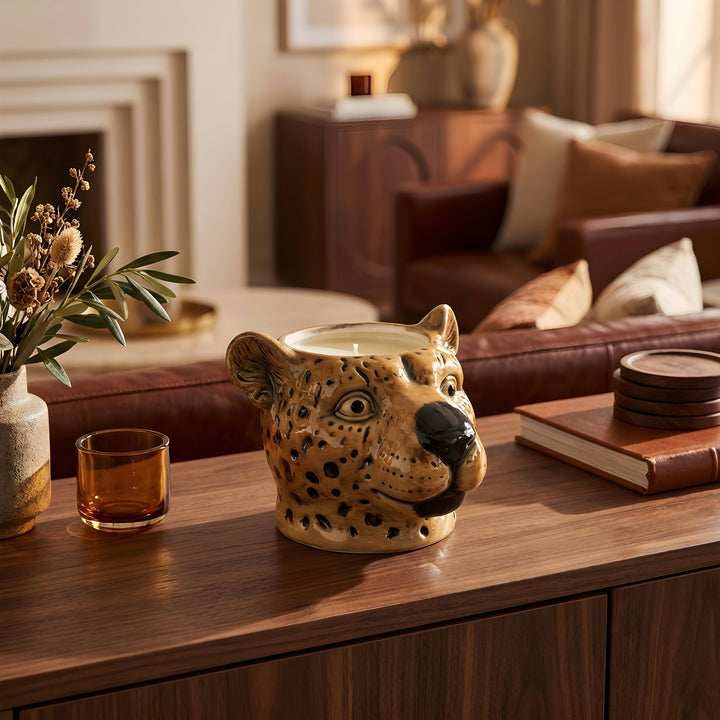 Leopard Head Ceramic Candle – Mahogany Teakwood