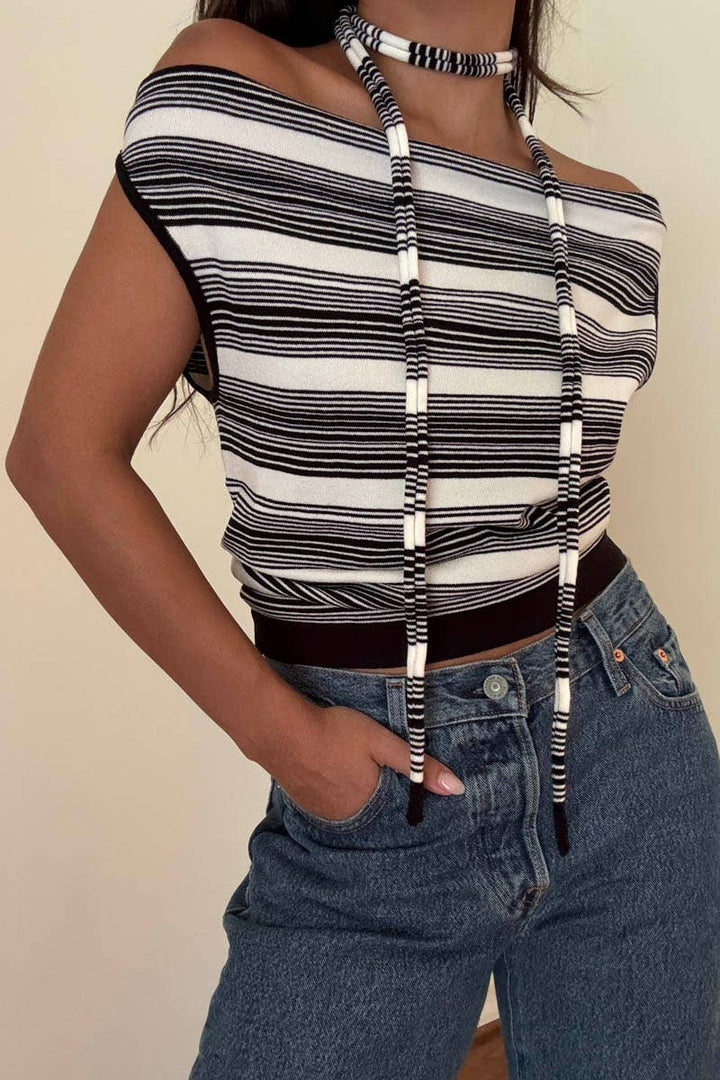 Striped Boat Neck Top W Scarf