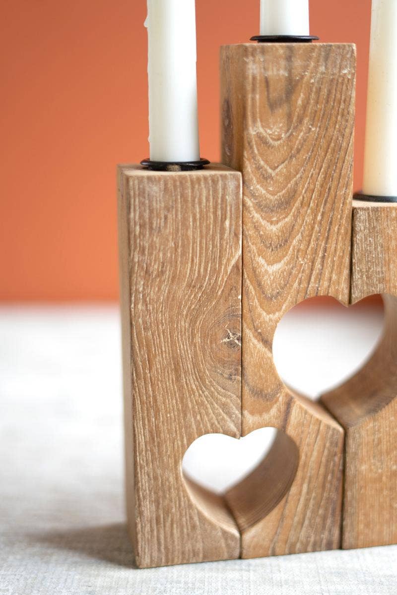 Triple Reclaimed Heart Wood Taper Candle Holder