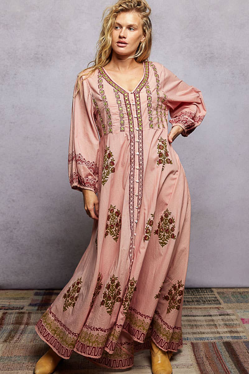 Embroidered Floral Print Maxi Dress