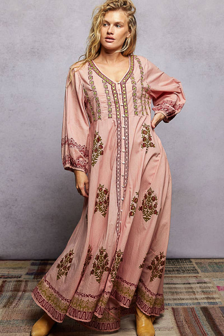 Embroidered Floral Print Maxi Dress