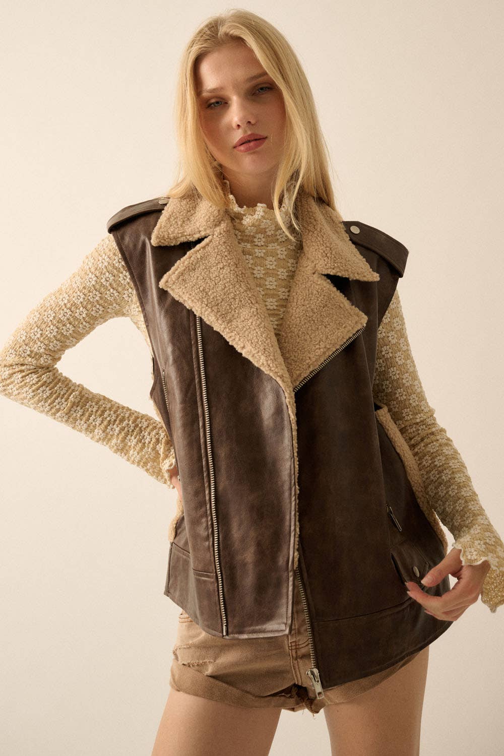 Vegan Leather &amp; Fleece Motorcycle Vest
