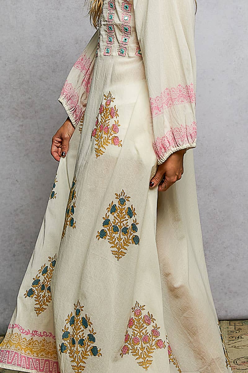Embroidered Floral Print Maxi Dress