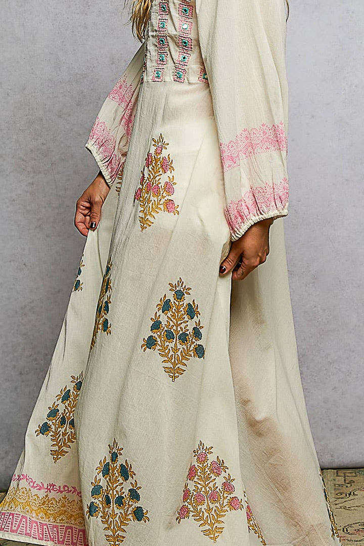 Embroidered Floral Print Maxi Dress