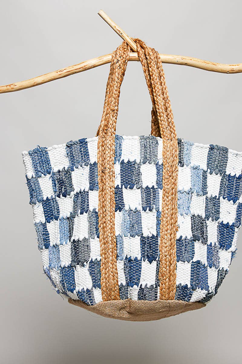 Ivory Denim Checker Woven Tote Bag