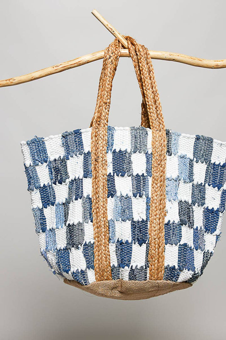 Ivory Denim Checker Woven Tote Bag
