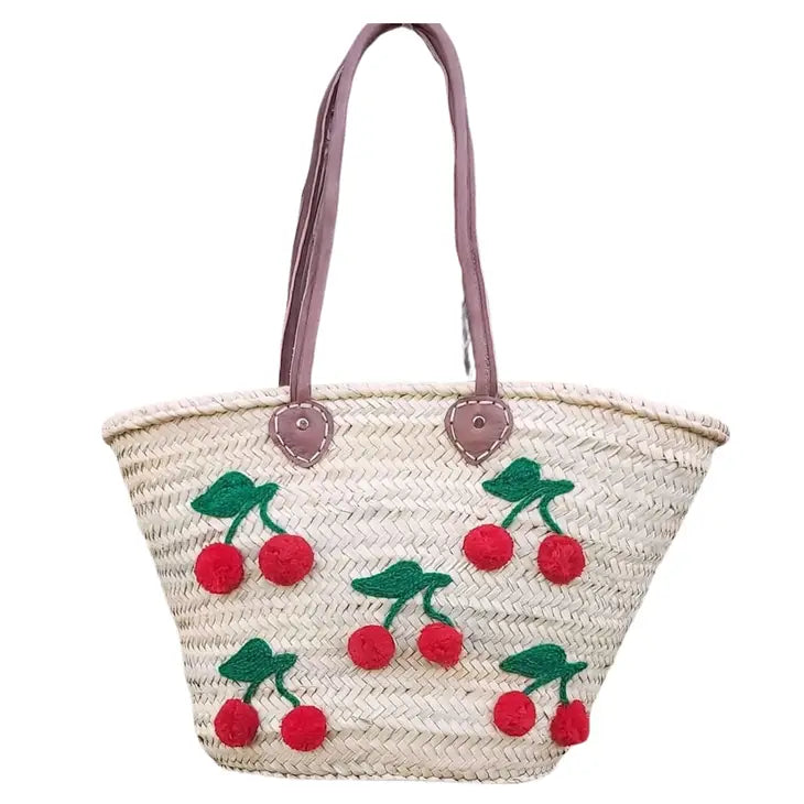 Large Straw Bags With Cherry Embroidery