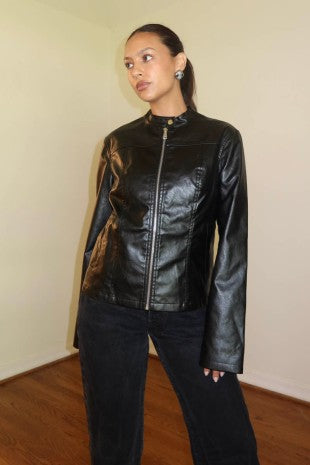 Faux Leather Collared Neck Biker Jacket