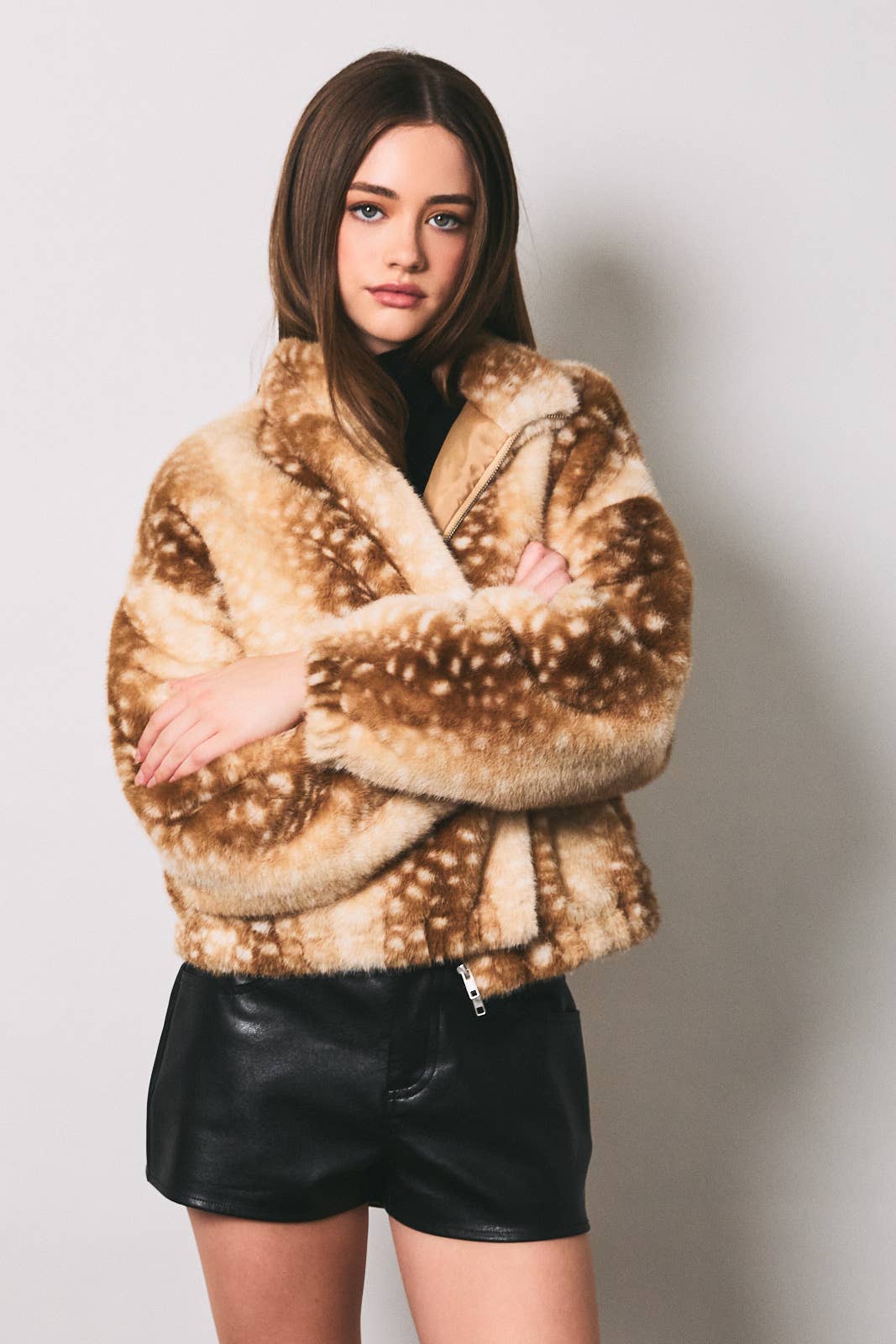 Faux Deer Print Zip Jacket