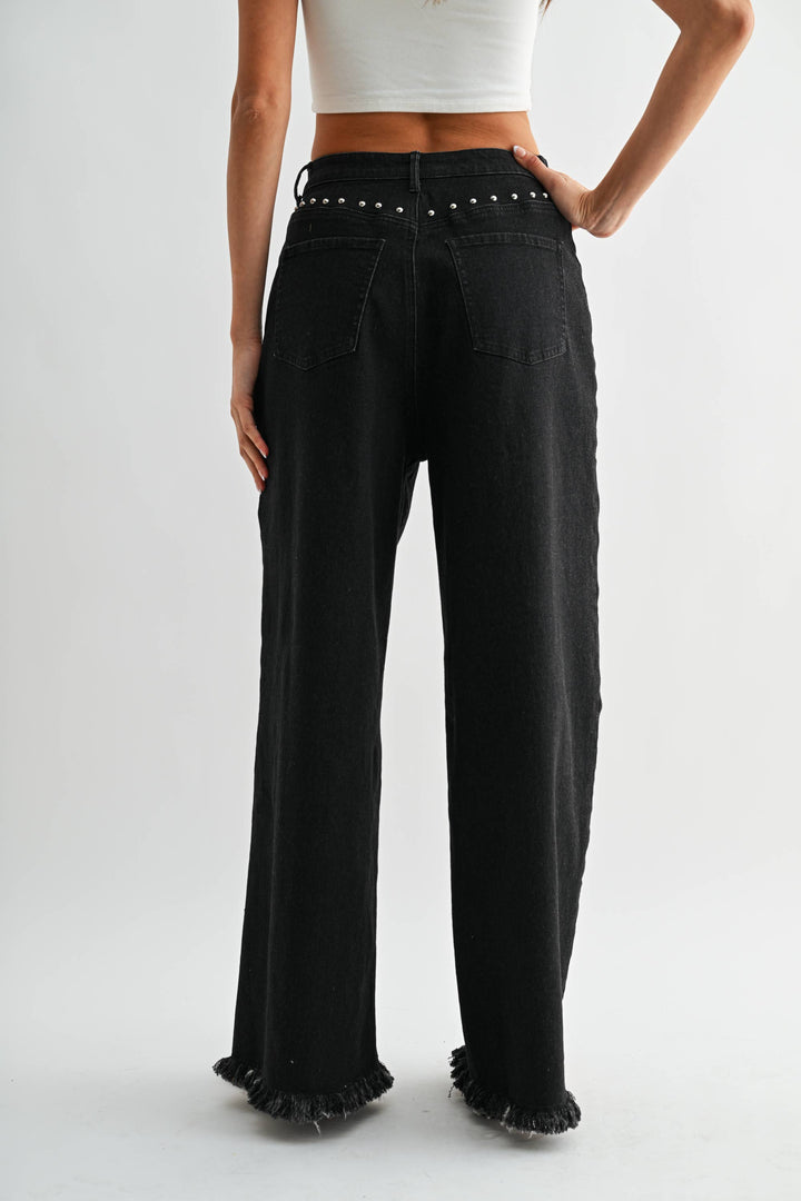 High-Waisted Black Wide-Leg Stud Jeans