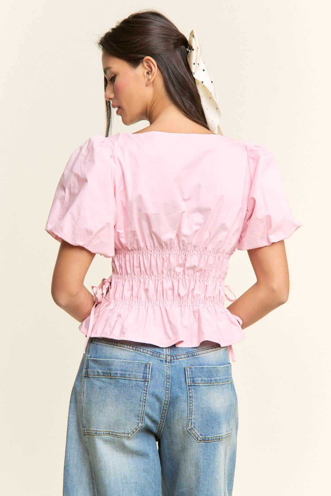 Boat Neckline Smocked Puff Sleeves Top: