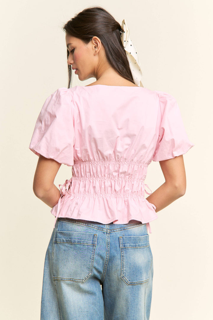 Boat Neckline Smocked Puff Sleeves Top: