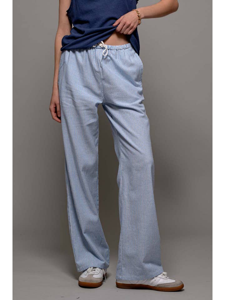 Blue Pinstripe Drawstring Relaxed Pants