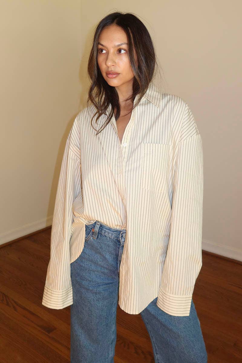 OVERSIZED PIN STRIPE BUTTON UP SHIRT